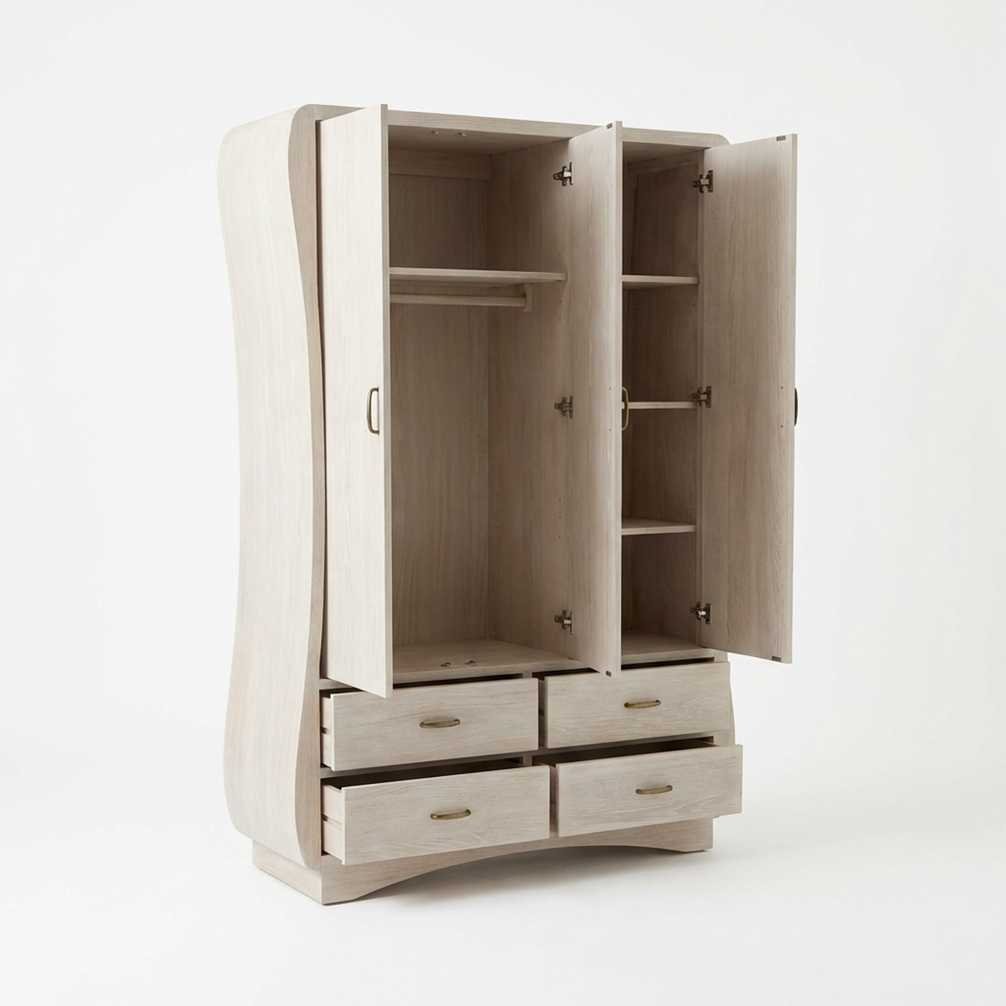 Modern Light Wood Wardrobe Armoire – Curved-Edge 2-Door Closet with Hanging Rod, Shelves 