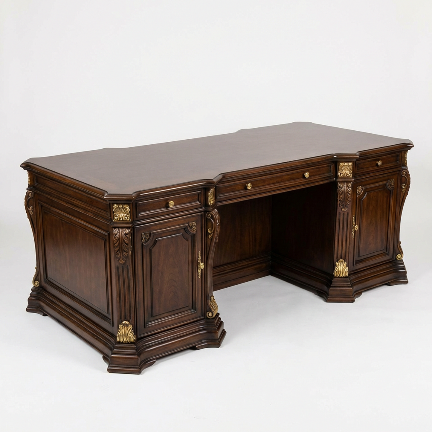 Executive Classic Dark Wood Desk – Traditional Office Desk with Gold-Tone Accents and Storage Cabinets