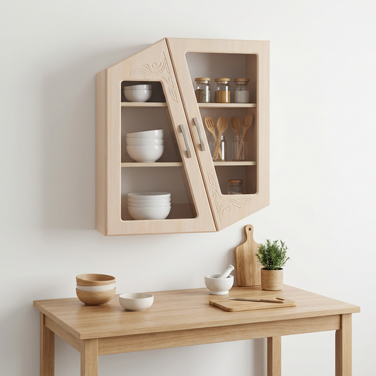Modern Asymmetrical Wall Cabinet – Light Wood Hanging Storage with Glass Doors & Carved Detail