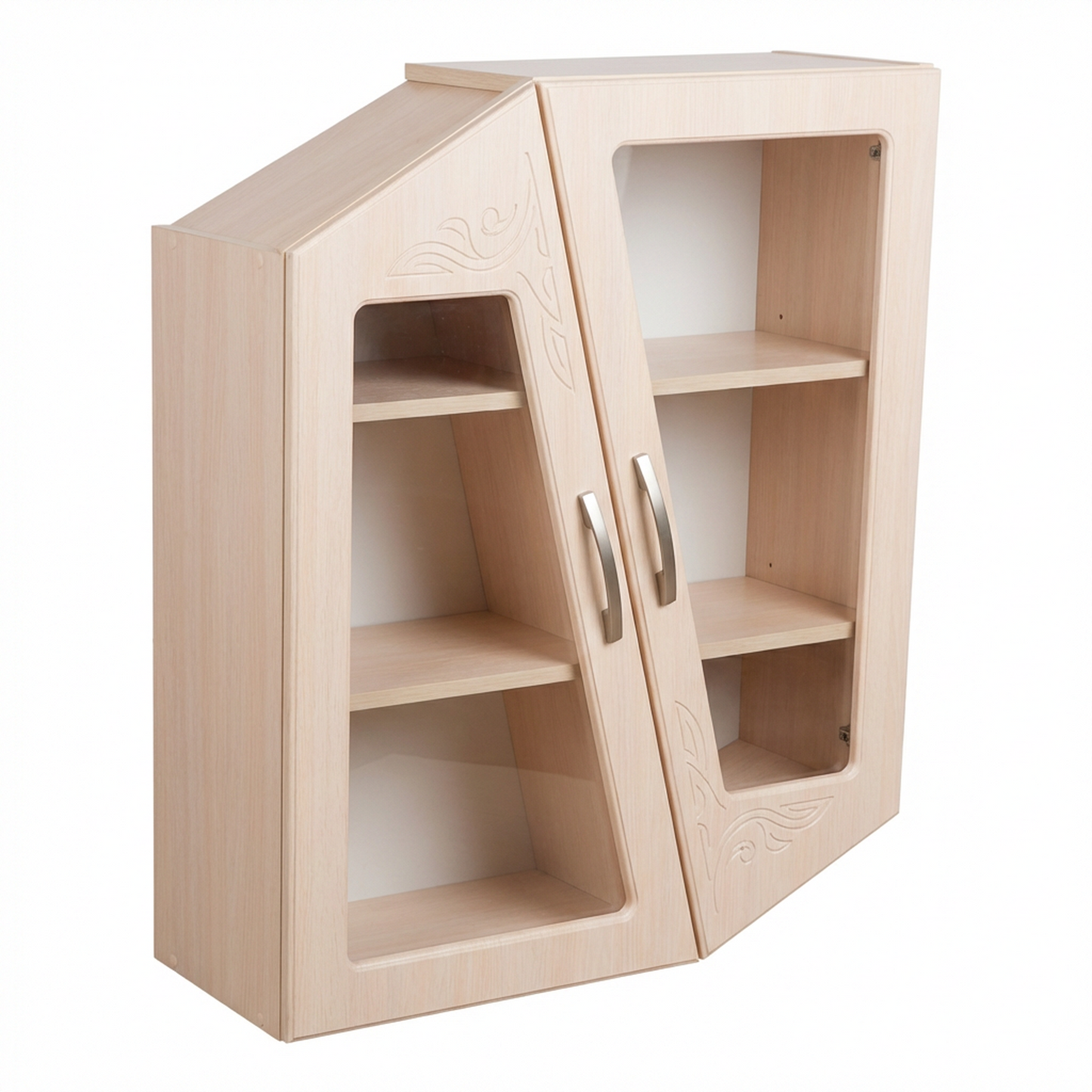 Modern Asymmetrical Wall Cabinet – Light Wood Hanging Storage with Glass Doors & Carved Detail