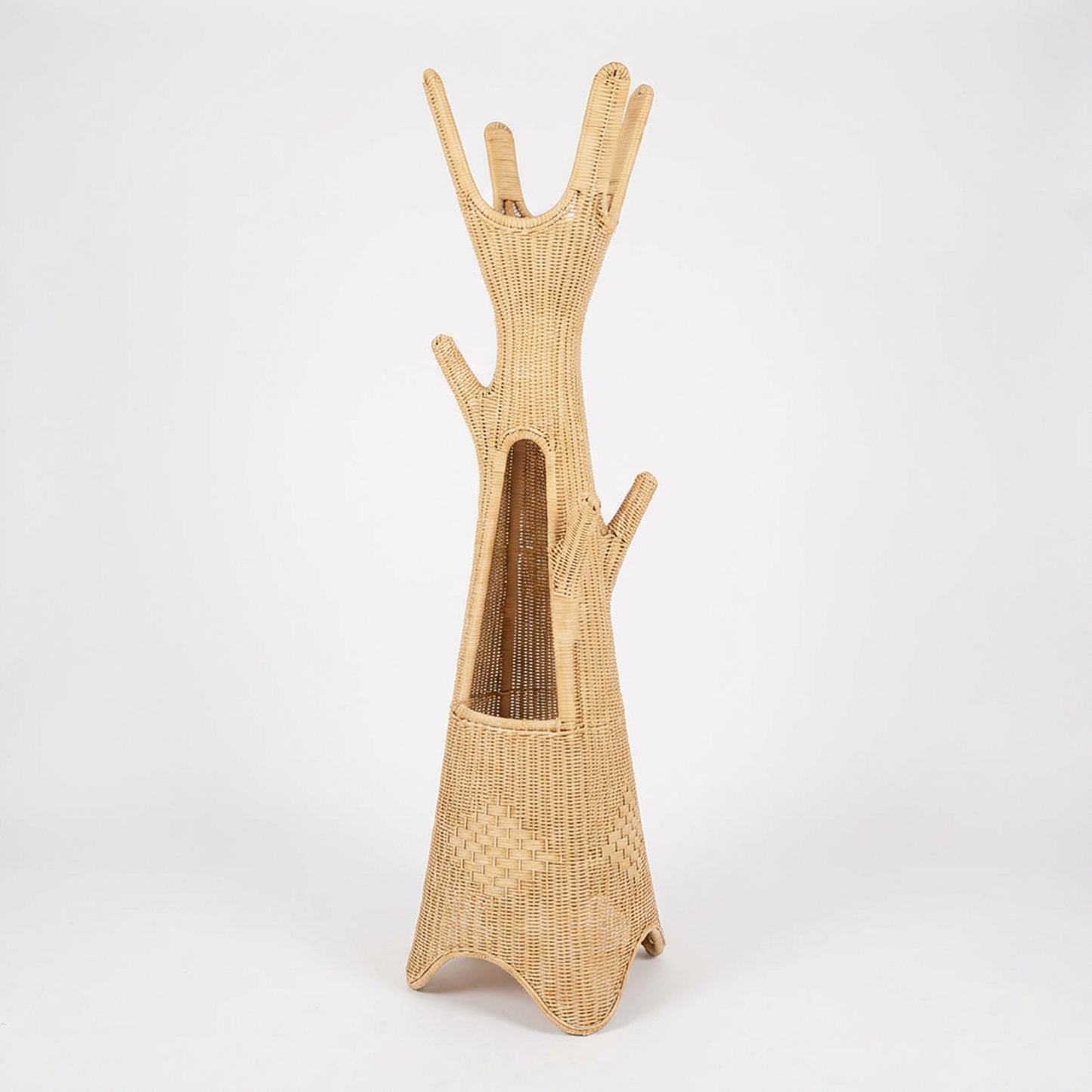 Handwoven Rattan Tree Coat Rack – Sculptural Natural Wicker Standing Hanger with Storage Niche