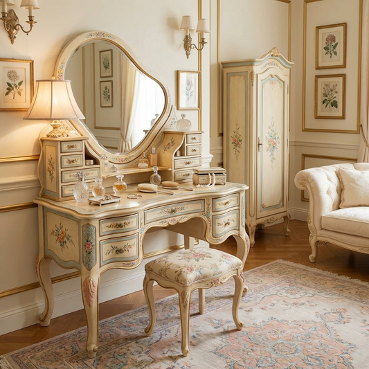 Vintage French-Style Hand-Painted Vanity Table Set – Antique Cream Dressing Table with Oval Mirror & Multi-Drawer Storage