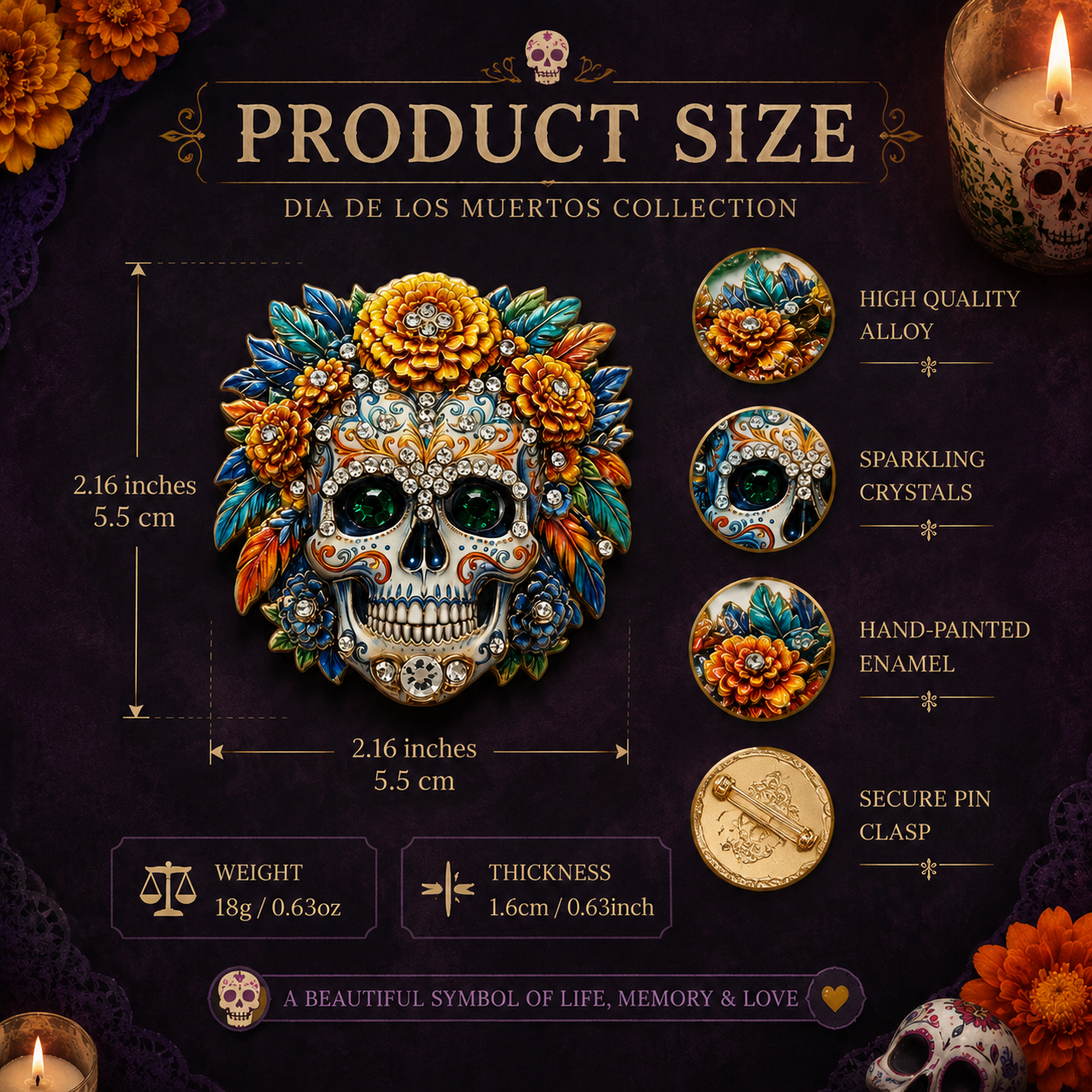 🏵️Día de los Muertos Floral Skull Brooch Pin
