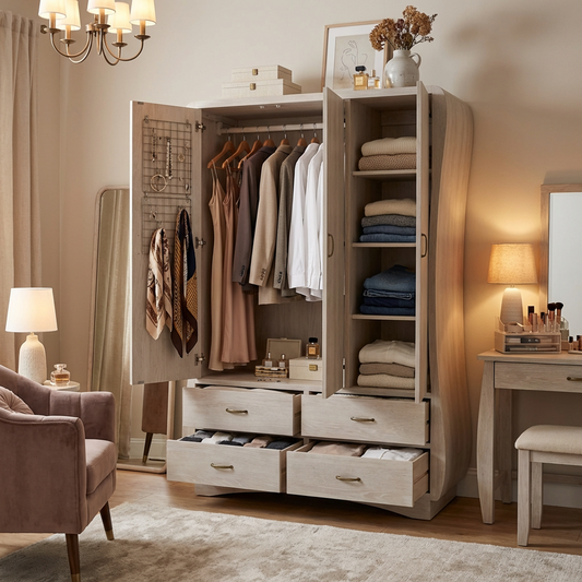 Modern Light Wood Wardrobe Armoire – Curved-Edge 2-Door Closet with Hanging Rod, Shelves 