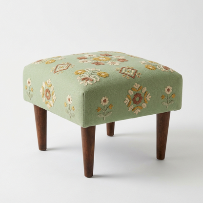 Embroidered Floral Upholstered Footstool – Sage Green Accent Ottoman with Solid Wood Legs