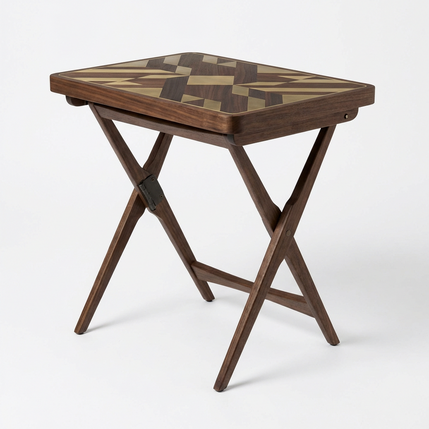 Geometric Inlay Folding Side Table – Walnut Wood Tray-Top Snack Table with X-Leg Base