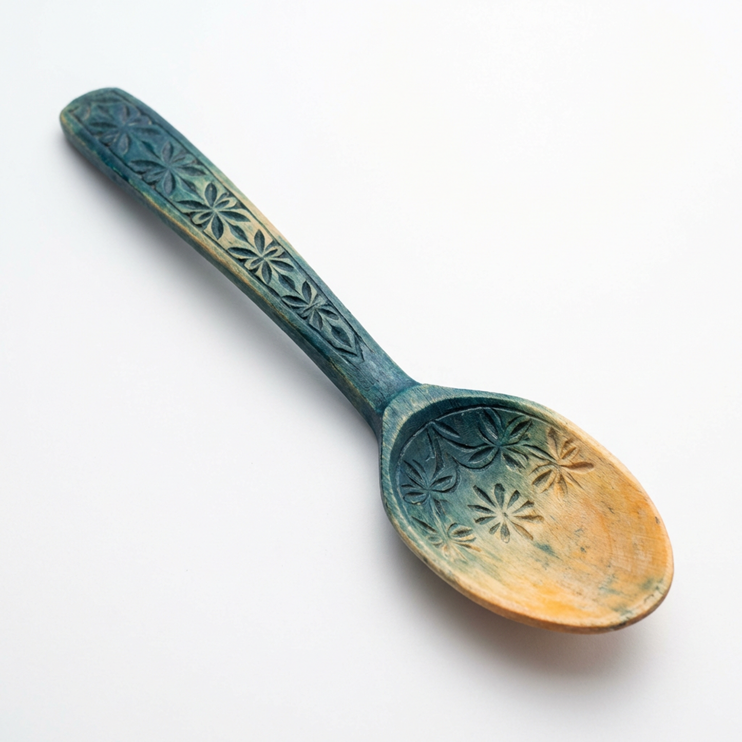 Hand-Carved Wooden Spoon – Floral Engraved Serving Spoon with Blue Wash Finish