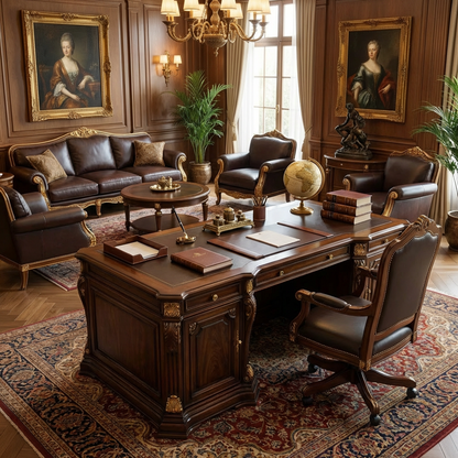 Executive Classic Dark Wood Desk – Traditional Office Desk with Gold-Tone Accents and Storage Cabinets