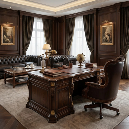 Executive Classic Dark Wood Desk – Traditional Office Desk with Gold-Tone Accents and Storage Cabinets
