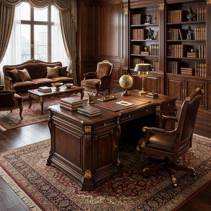 Executive Classic Dark Wood Desk – Traditional Office Desk with Gold-Tone Accents and Storage Cabinets