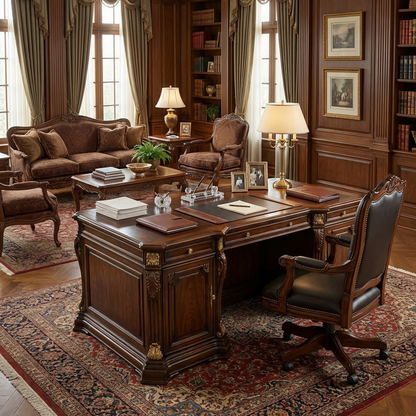 Executive Classic Dark Wood Desk – Traditional Office Desk with Gold-Tone Accents and Storage Cabinets