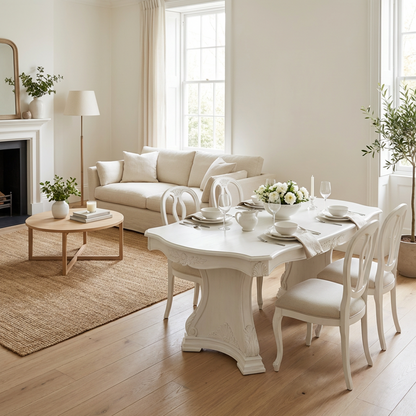 Classic White Carved Dining Table – Elegant French-Inspired Pedestal Base Rectangular Table
