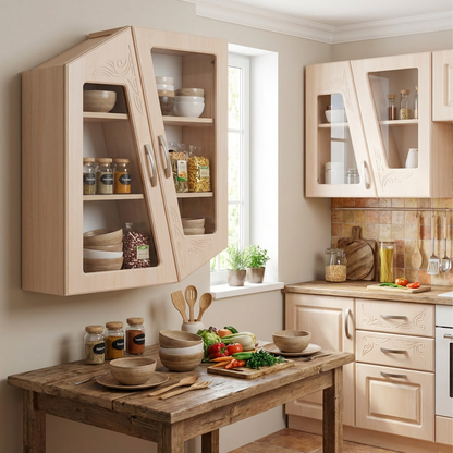 Modern Asymmetrical Wall Cabinet – Light Wood Hanging Storage with Glass Doors &amp; Carved Detail