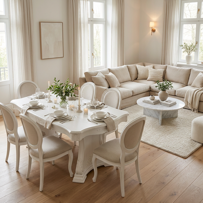 Classic White Carved Dining Table – Elegant French-Inspired Pedestal Base Rectangular Table