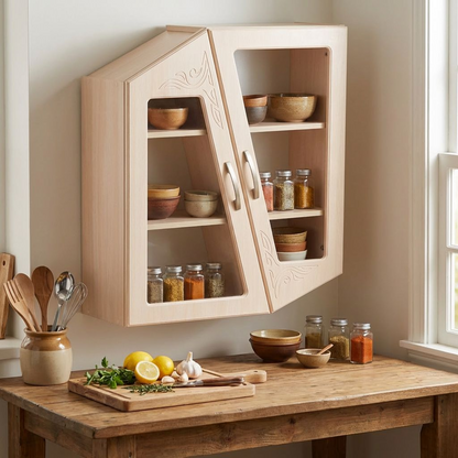 Modern Asymmetrical Wall Cabinet – Light Wood Hanging Storage with Glass Doors &amp; Carved Detail