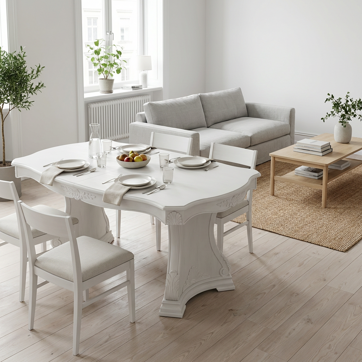 Classic White Carved Dining Table – Elegant French-Inspired Pedestal Base Rectangular Table