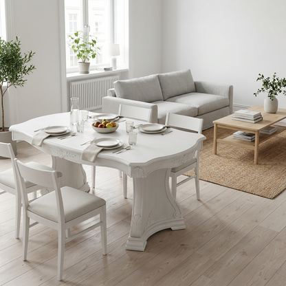 Classic White Carved Dining Table – Elegant French-Inspired Pedestal Base Rectangular Table