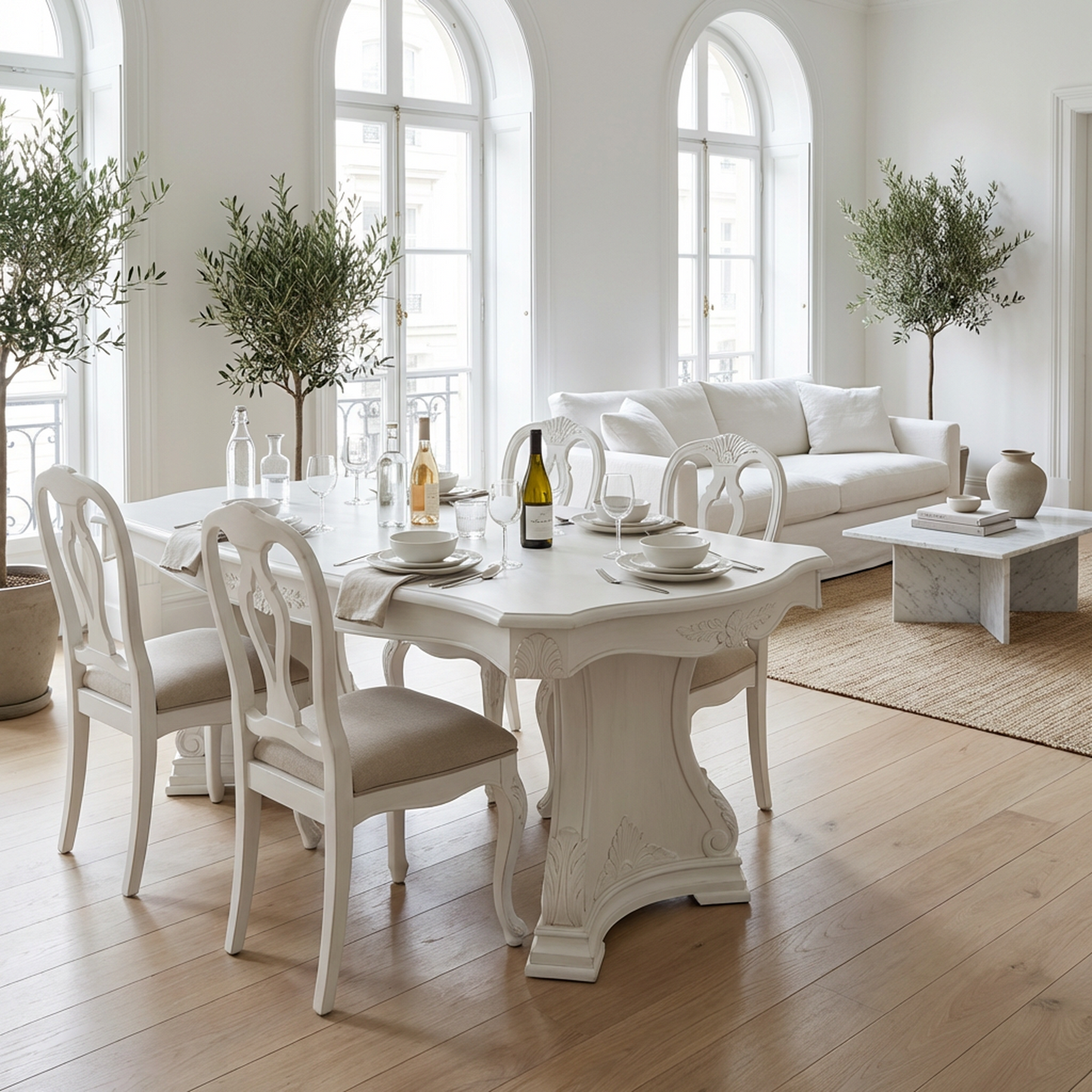 Classic White Carved Dining Table – Elegant French-Inspired Pedestal Base Rectangular Table
