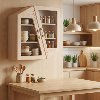 Modern Asymmetrical Wall Cabinet – Light Wood Hanging Storage with Glass Doors &amp; Carved Detail