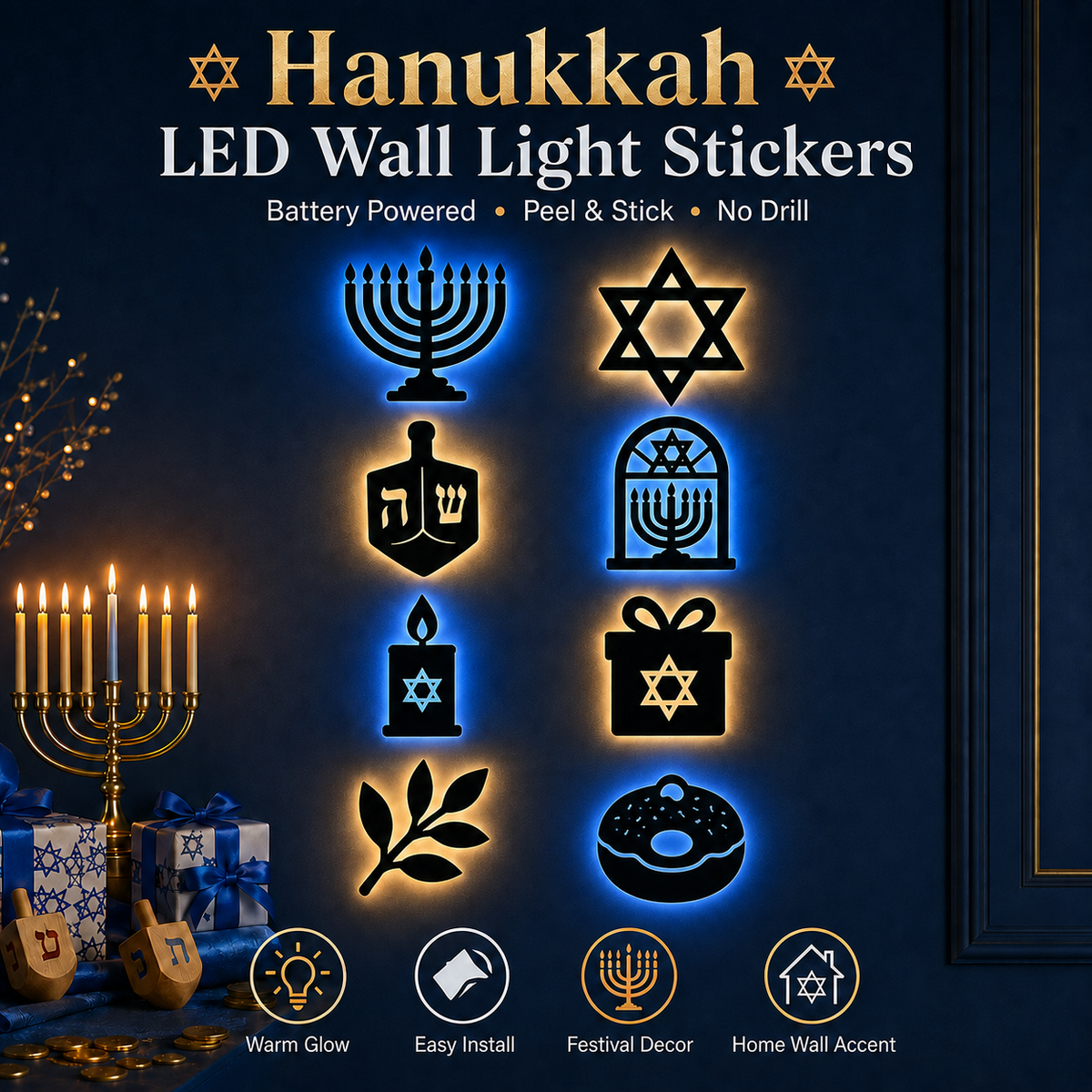Hanukkah LED Wall Light Stickers