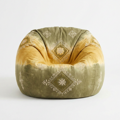 Embroidered Velvet Bean Bag Chair – Olive &amp; Mustard Tie-Dye Lounge Pouf with Boho Motif