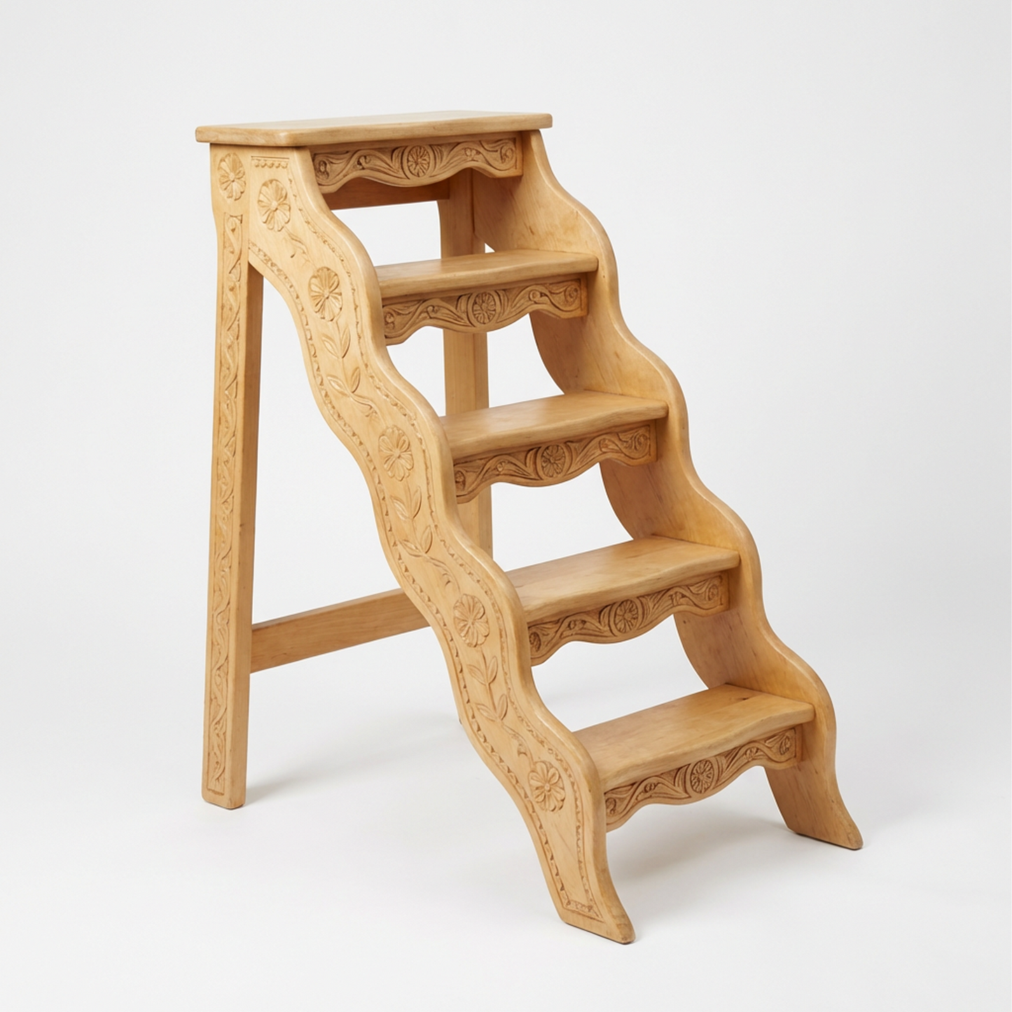 Hand-Carved Wooden Step Stool Ladder – Vintage Floral 5-Step Display &amp; Library Stairs