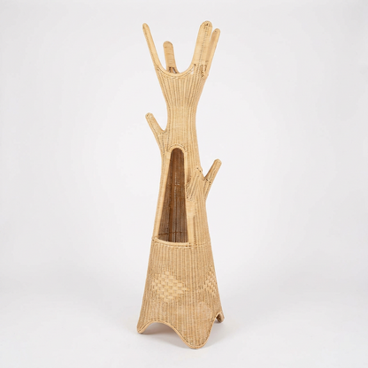 Handwoven Rattan Tree Coat Rack – Sculptural Natural Wicker Standing Hanger with Storage Niche