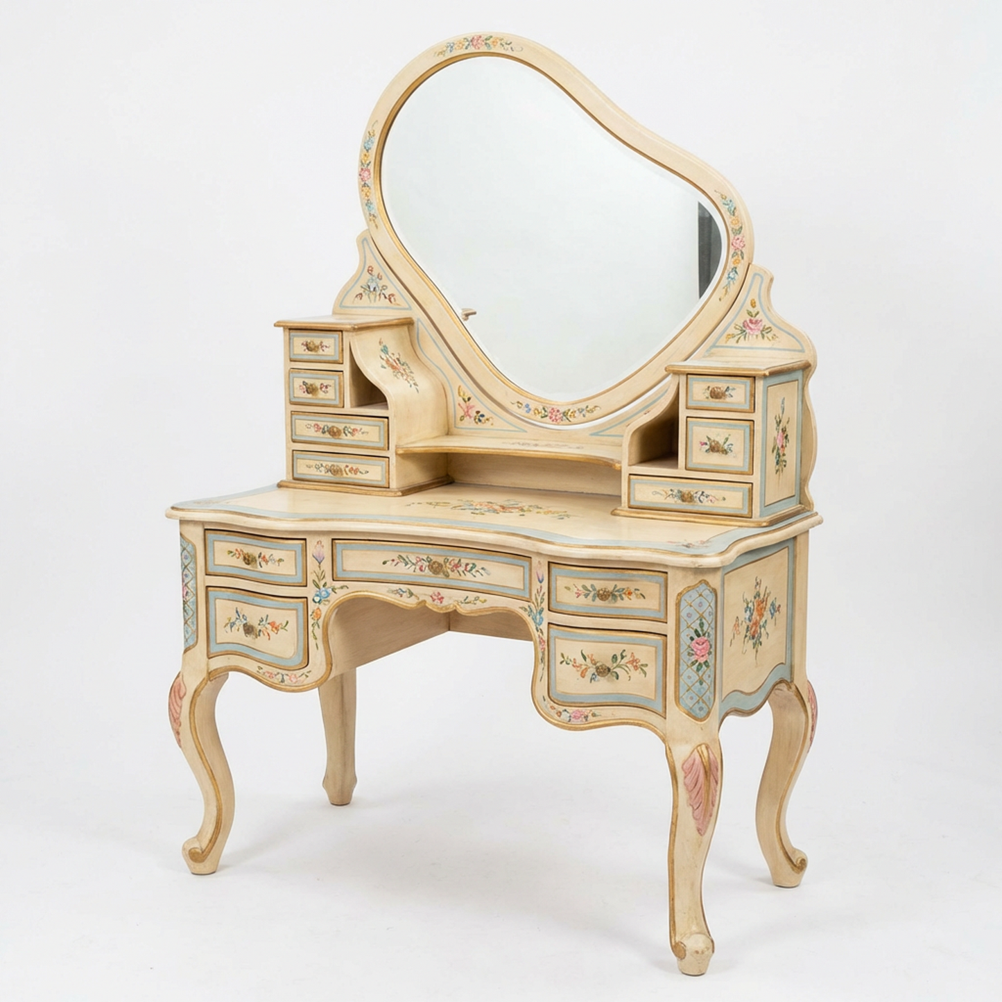 Vintage French-Style Hand-Painted Vanity Table Set – Antique Cream Dressing Table with Oval Mirror &amp; Multi-Drawer Storage