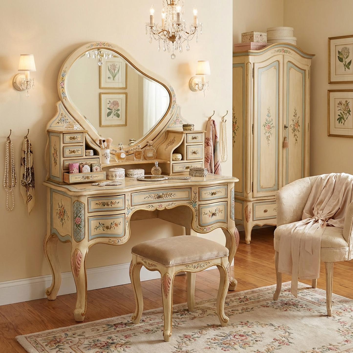 Vintage French-Style Hand-Painted Vanity Table Set – Antique Cream Dressing Table with Oval Mirror &amp; Multi-Drawer Storage
