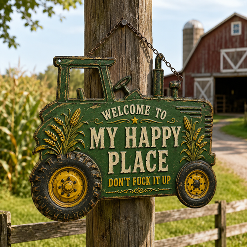 🚜My Happy Place Funny Metal Tractor Farm Sign🌾