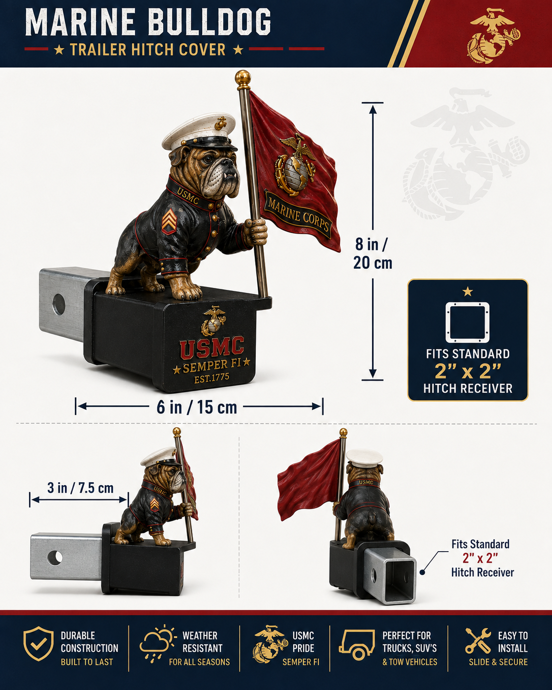 🪖Semper Fi Marine Bulldog Hitch Cover | 2" Receiver