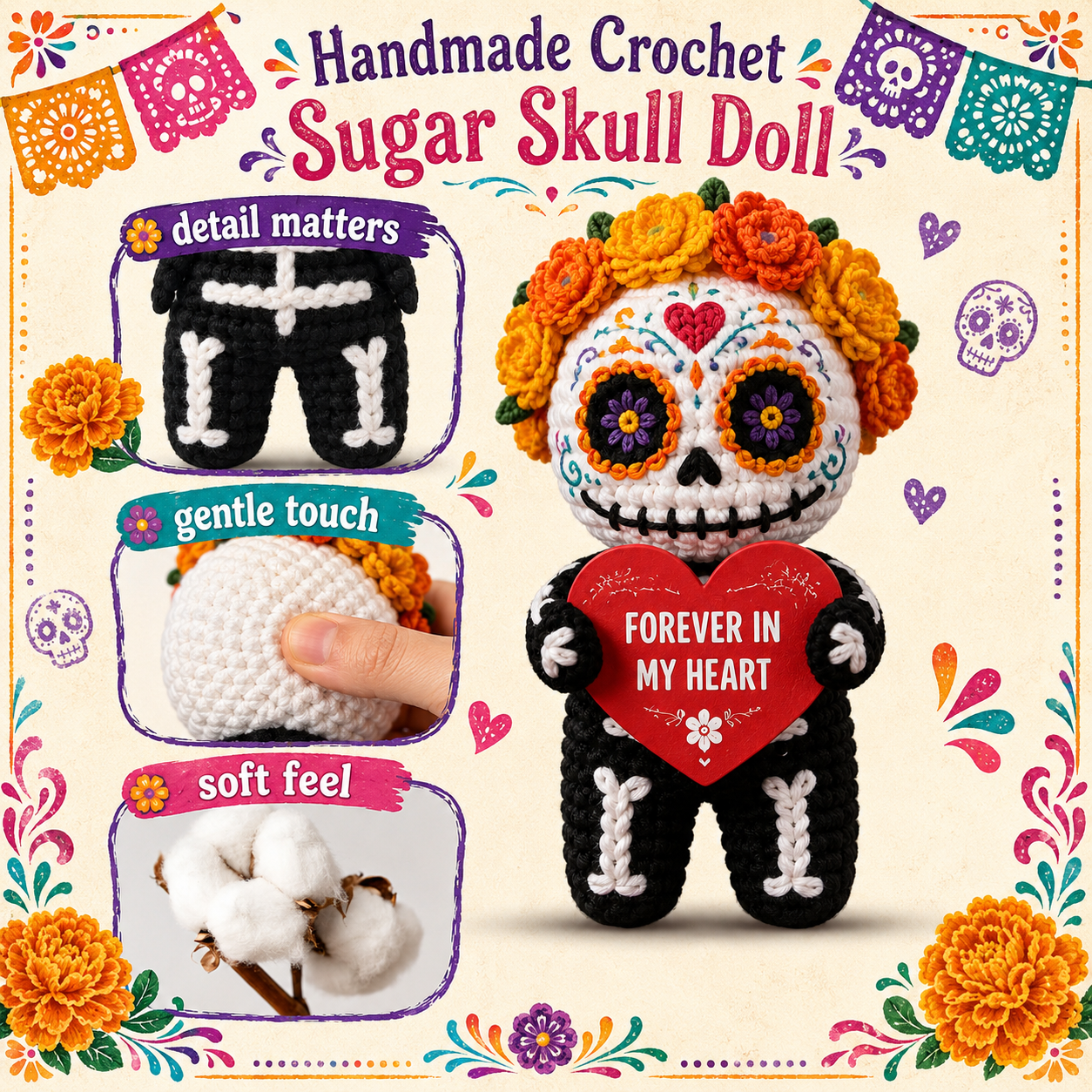 🕯️Day of the Dead Handmade Crochet Sugar Skull Doll💀