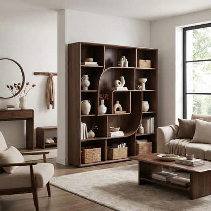Modern Sculptural Open Bookcase – Walnut Finish Geometric Display Shelf with Curved Divider Design