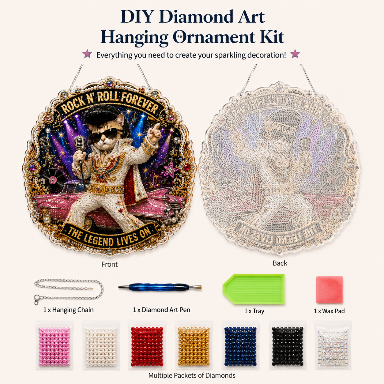 DIY ROCK N ROLL CAT Pearl Diamond Art Hanging Ornament Kit💎