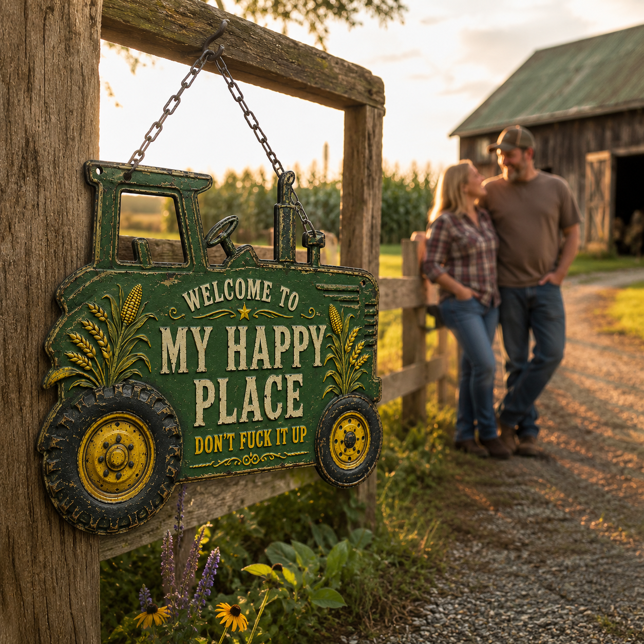 🚜My Happy Place Funny Metal Tractor Farm Sign🌾