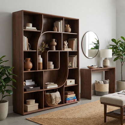 Modern Sculptural Open Bookcase – Walnut Finish Geometric Display Shelf with Curved Divider Design