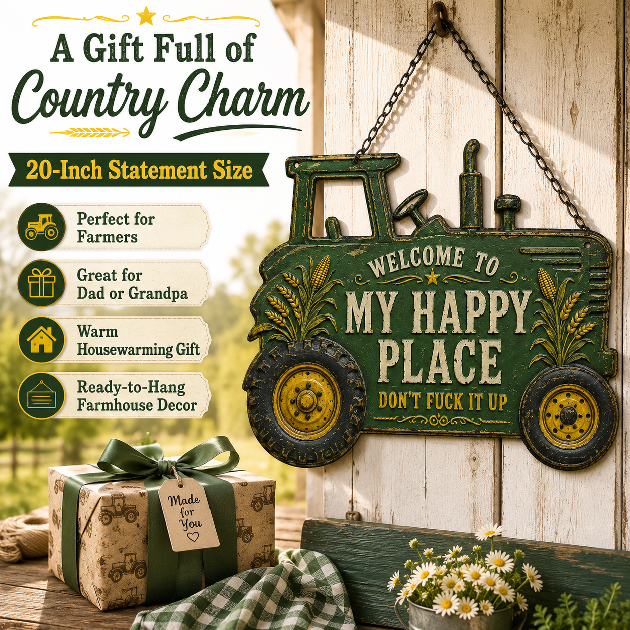 🚜My Happy Place Funny Metal Tractor Farm Sign🌾