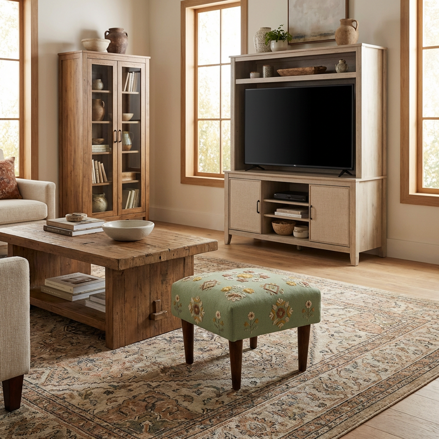Embroidered Floral Upholstered Footstool – Sage Green Accent Ottoman with Solid Wood Legs